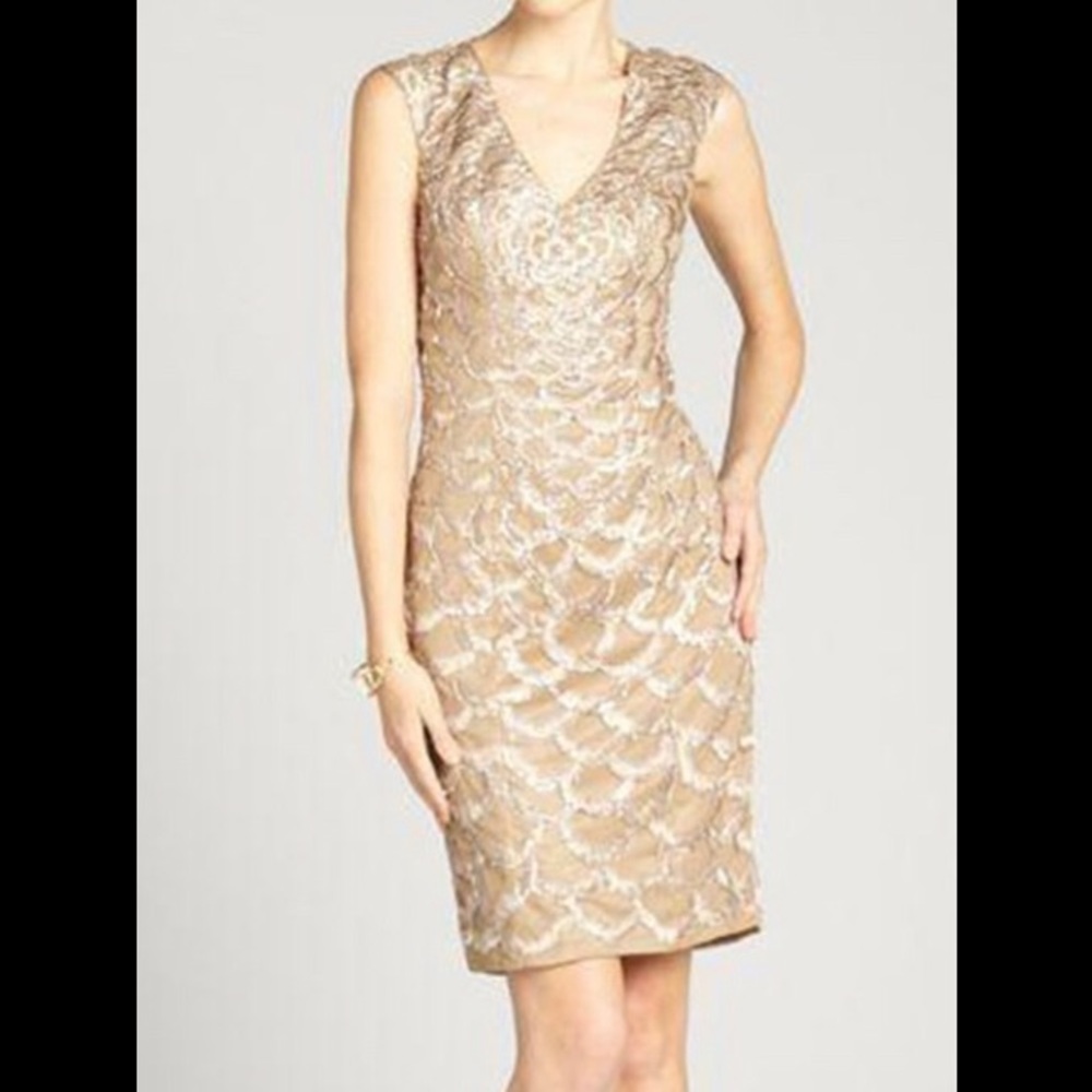 Sue Wong Sheath Cocktail Dress Embroidered Beige